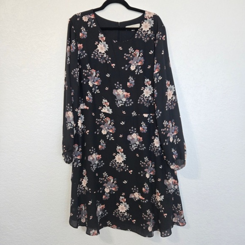 LOFT PLUS Black Floral Print‎ Long Sleeve Dress Size 20